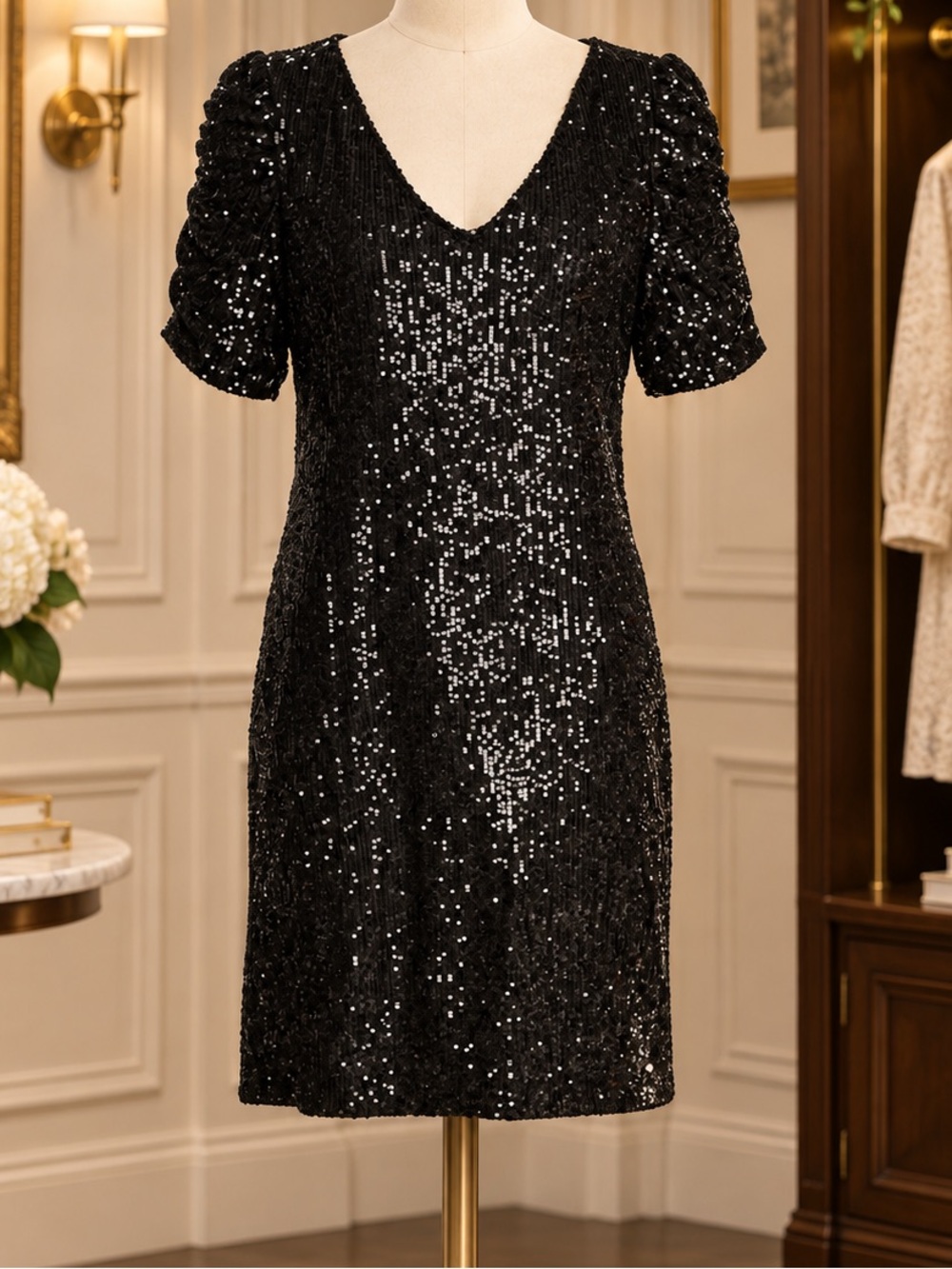 Marina Black Sequin V-Neck knee length Sleeve Dress made USA Sz 6